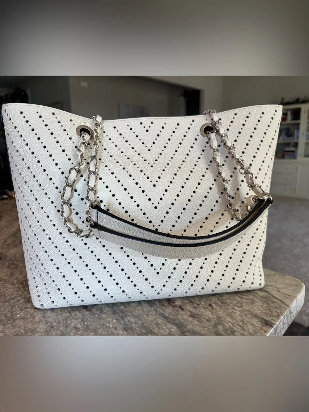 Chanel White Perforated Chevron Caviar Leather Shopping Tote Silver Hardware